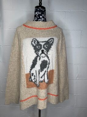 Aerie French Bulldog Intarsia Chunky Knit Mock Neck Sweater Beige Orange Size S
